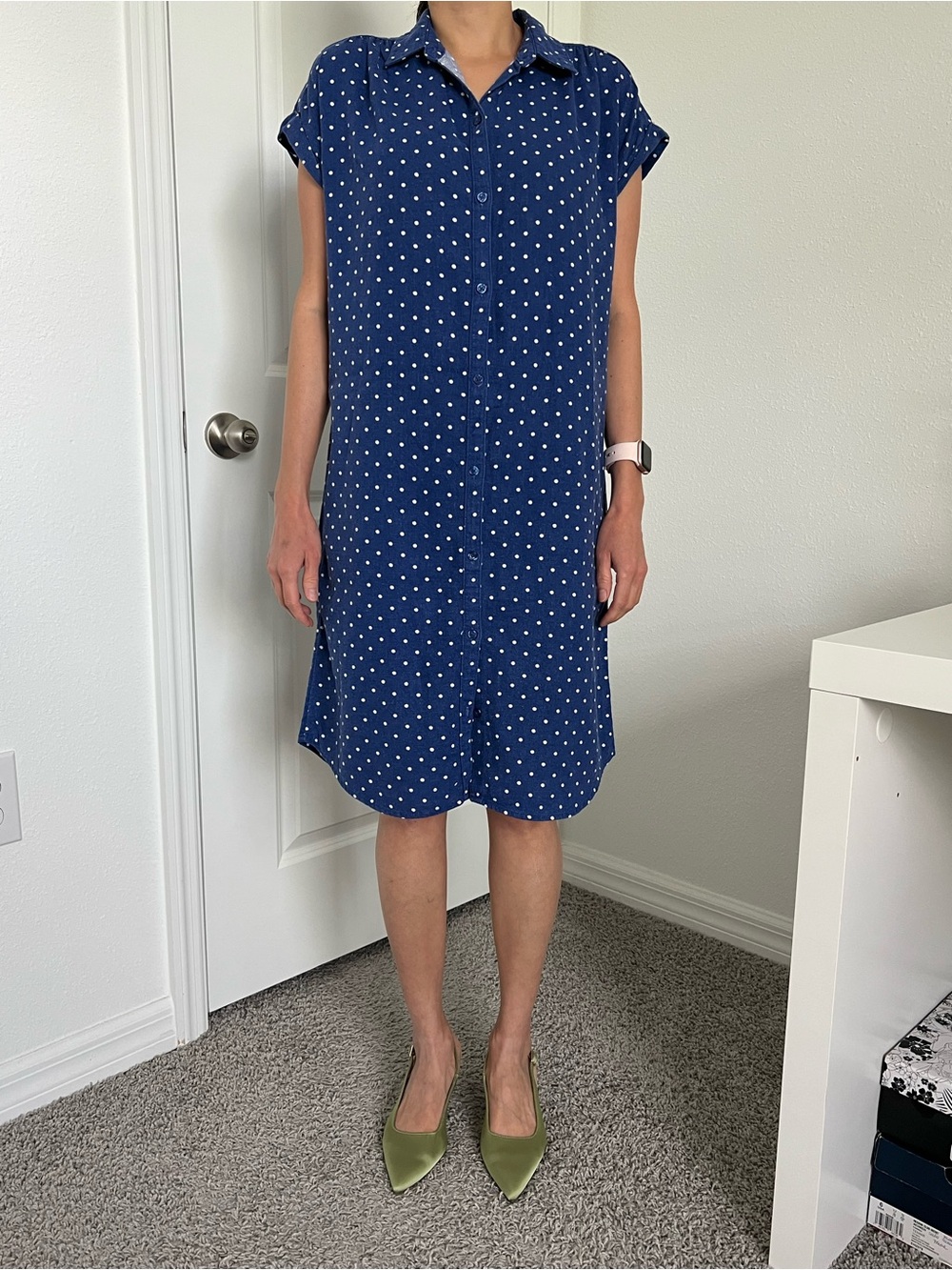 Old Navy Navy and White Polka Dot Button-Front Shirt Dress